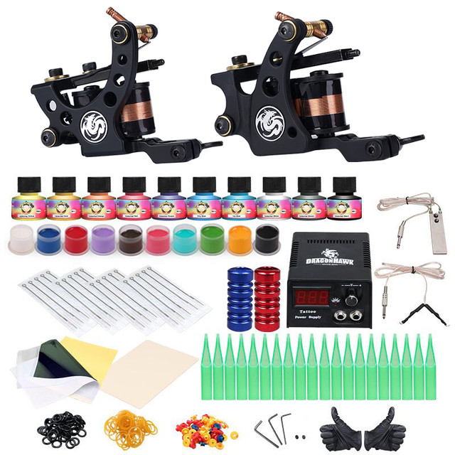 Professional Kit 2 Machine Gun LCD Power Supply With Ten Colors Of Pigments  Complete Tattoo Kits